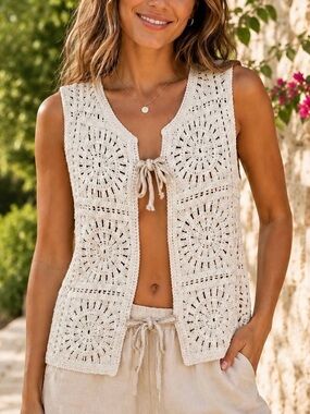 Solitaire Crochet Vest Cream Bohemian Tie Front Medallion Knit Boho Layer Size S